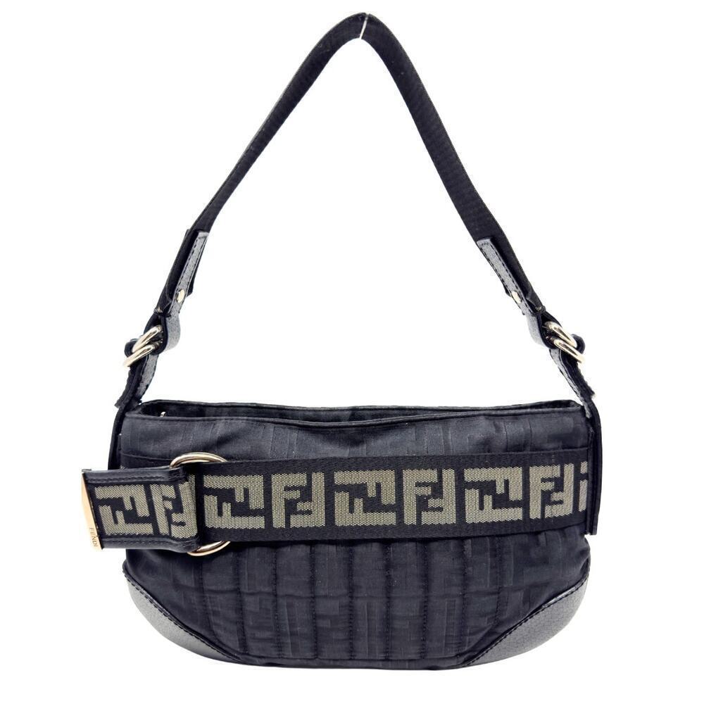 Fendi Baguette Bag Purse RARE FF Logo Zucca Shoulder Black Leather Canvas Zip - Picture 2 of 11